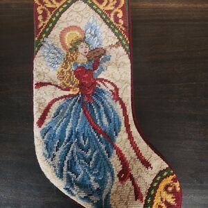 Vintage Needlepoint Wood Angel  Musician Velvet